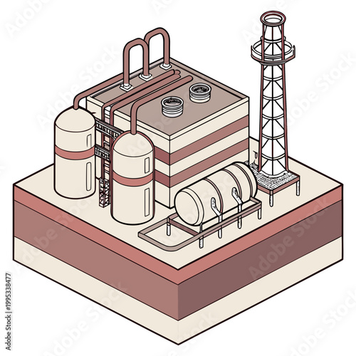 An isometric illustration depicts a complex industrial facility featuring storage tanks pipelines and a tall lattice tower structure high quality professional detailed