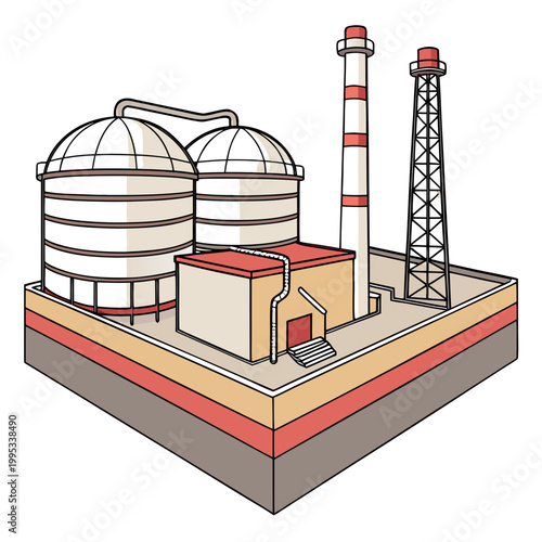 A colorful illustrative depiction of an industrial complex featuring storage tanks smokestacks and connected pipelines set on layered ground high quality professional