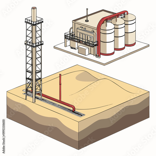 An illustrative depiction showcases an oil refinery structure with storage tanks a derrick and surrounding terrain high quality professional detailed modern elegant
