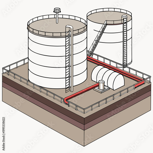 An illustrative depiction showcases two large cylindrical storage tanks connected by red piping and a metal walkway high quality professional detailed modern