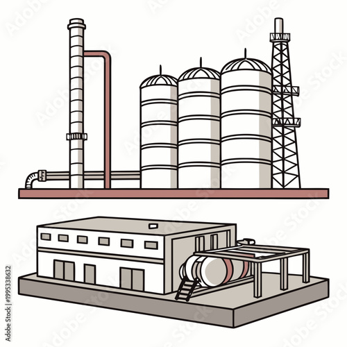 An illustrative depiction showcases an oil refinery complex featuring storage tanks pipelines and industrial buildings rendered in a simple style high quality