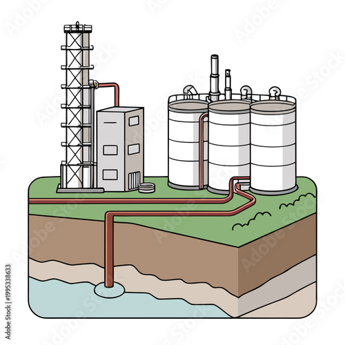 A colorful illustrative depiction showcases an oil refinery complex with large storage tanks a derrick and underground pipelines high quality professional detailed