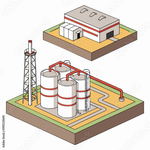An isometric illustration depicts an industrial complex featuring oil storage tanks pipelines and a processing structure high quality professional detailed modern elegant