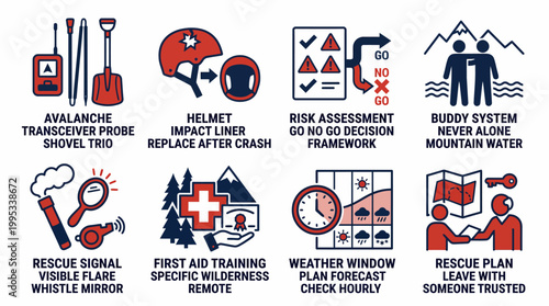 Mountain Safety and Rescue Infographic Icons for Wilderness Survival and Outdoor Adventure Planning