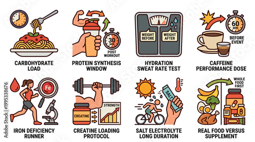 Sports Nutrition Infographic Icons for Athletic Performance Recovery Hydration and Healthy Supplements Set