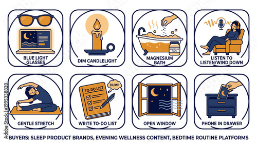 Bedtime routine and sleep hygiene tips icons for evening wellness and healthy habits