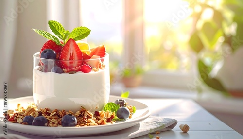 Delicious White Cake with Fresh Berries and Mint.