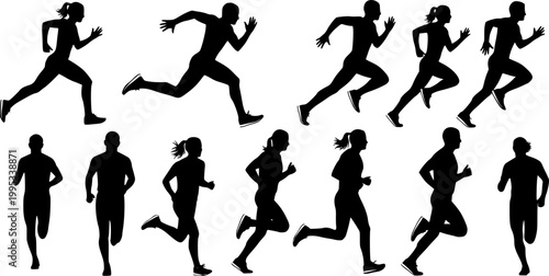 Runner silhouette set of sprinters, runners and joggers running track or jogging. People silhouettes in outline. Women and men, male and female athletes racing.