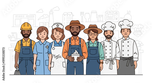 Diverse group of workers standing together in a workplace setting with chef and nurse among them.