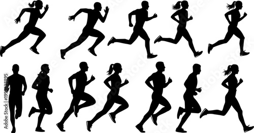 Runner silhouette set of sprinters, runners and joggers running track or jogging. People silhouettes in outline. Women and men, male and female athletes racing.