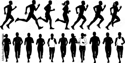 Runner silhouette set of sprinters, runners and joggers running track or jogging. People silhouettes in outline. Women and men, male and female athletes racing.