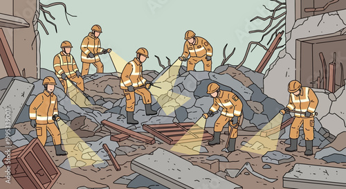 Firefighters search through rubble and debris after a disaster at site location