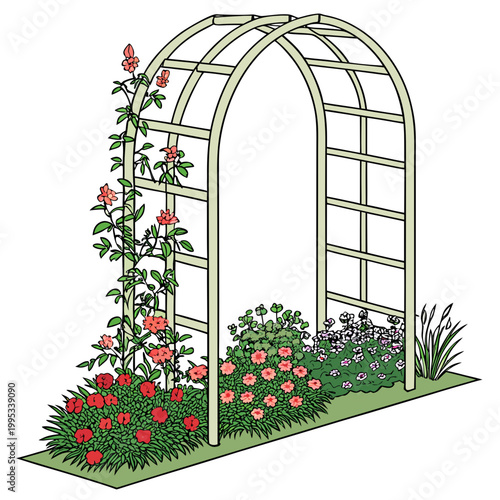 A charming illustration depicts a garden archway covered in vibrant climbing roses and lush greenery below high quality professional detailed modern elegant