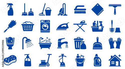 Collection of blue cleaning supplies and tools icons representing household chores and hygiene services for home and professional cleaning.