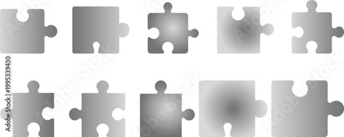 Extension Puzzle Halftone Icon Collection – Extension Puzzle Dotted Circles Halftones Geometric Dots Gradient – Dot Spray Gradient Vector Set for Modern Graphic Design