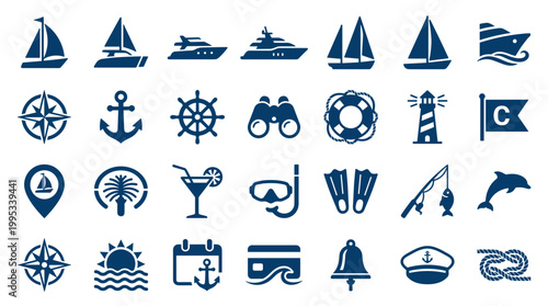 Nautical and Marine Icons Set for Travel and Leisure Activities Collection of Symbols for Sailing Boating and Ocean Adventures