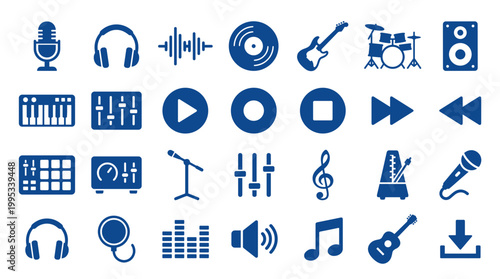 Collection of blue music and sound icons representing audio equipment and musical instruments on a white background