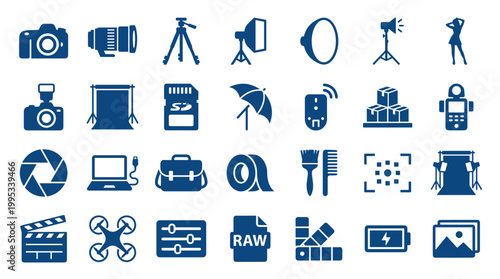 Collection of photography and videography equipment icons and symbols representing creative tools and digital media production for visual artists and content creators