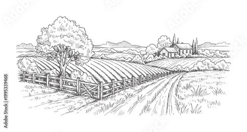 Tableau sur toile Rural landscape with farm buildings and cultivated fields country