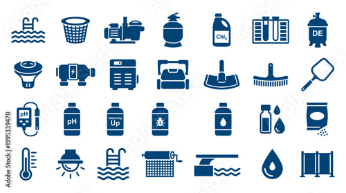 Collection of blue icons representing swimming pool maintenance equipment and supplies for water care and cleaning services