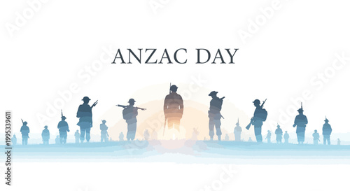 A vector illustration captures a dawn service remembrance for Anzac Day, depicting silhouetted soldiers honoring veterans against a bright, diffused light, conveying respect and solemnity