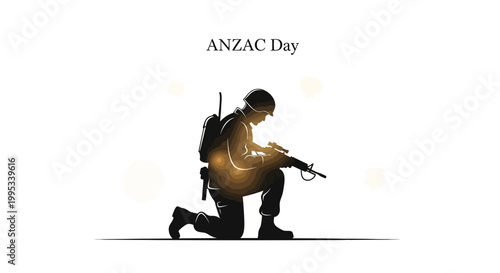 Silhouette illustration of a soldier kneeling in remembrance for Anzac Day, honoring veterans with a rifle, backpack, and helmet against a white background, embodying a patriotic tribute