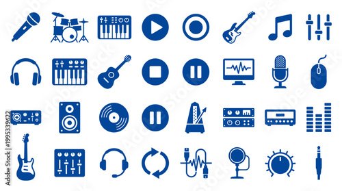 Collection of blue music and audio icons representing instruments sound equipment and playback controls on a white background