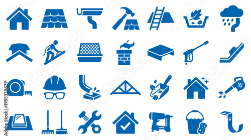Collection of blue icons representing roofing construction maintenance and repair services for homes and buildings