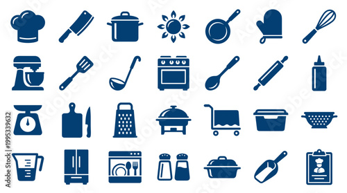 Collection of kitchen utensils and cooking equipment icons, representing culinary tools and food preparation essentials for a professional kitchen or home cooking.