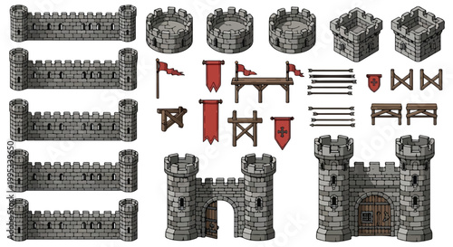 Medieval castle pixel art set, retro game stone fortress walls and towers, 8-bit style fantasy kingdom construction kit with red banners and gate