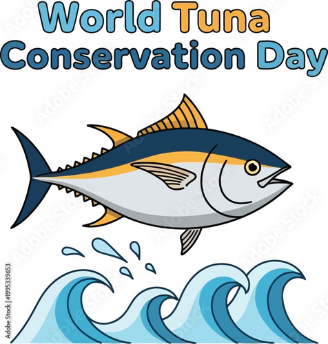 World Tuna Conservation Day illustration with a tuna fish jumping out of ocean waves for marine life awareness event