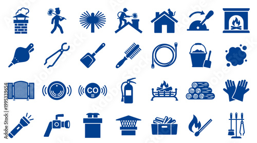 Chimney Sweep Tools and Equipment Icons Set Collection for Home Maintenance and Fireplace Cleaning Services
