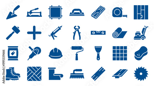Collection of blue flat icons representing construction and renovation tools and materials for tiling and DIY projects