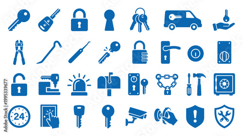 Collection of blue security and access icons representing locks keys safe security cameras and protective shields for safety and protection concepts