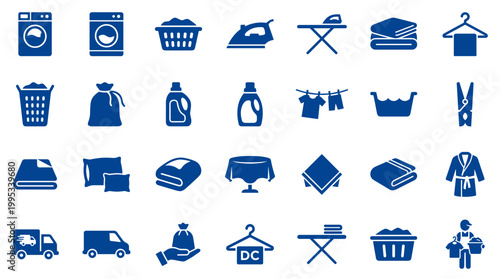 Collection of blue laundry and cleaning service icons representing washing ironing folding and delivery for domestic and commercial use