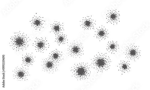 Scattered dark grey starbursts composed of tiny dots a white abstract pattern texture
