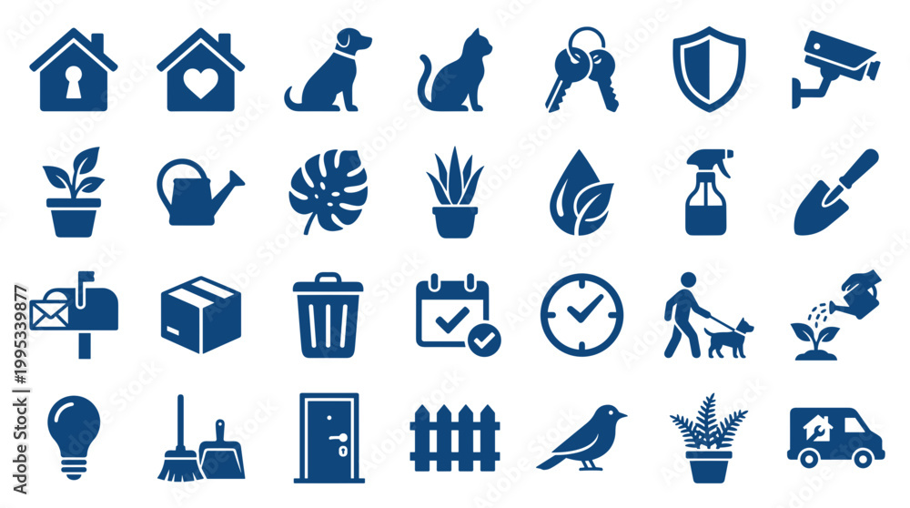 Fototapeta premium Collection of blue icons representing home services and lifestyle elements like pets, plants, security, and maintenance for modern living