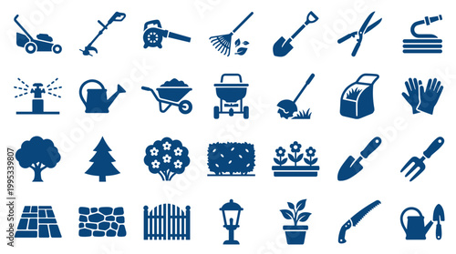 Collection of garden tools and elements for landscaping and outdoor maintenance, illustrating a variety of equipment and plants for home gardening and yard work.