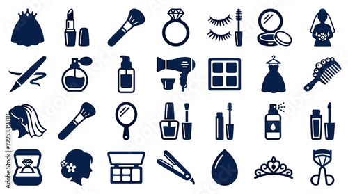Collection of beauty and makeup icons representing cosmetics fashion and personal care products for a glamorous look