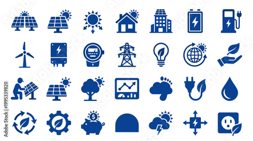 Collection of blue icons representing renewable energy sources and environmental sustainability concepts on a white background.