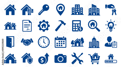 Collection of real estate and business icons symbolizing property investment, home buying, and professional services