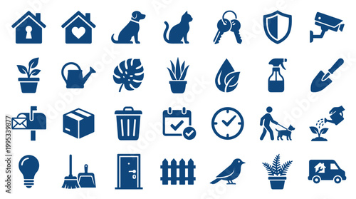 Collection of blue icons representing home services and lifestyle elements like pets, plants, security, and maintenance for modern living