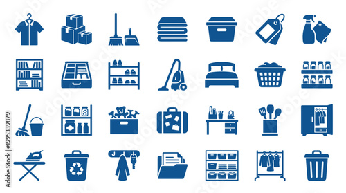 Collection of blue household and storage icons representing organization cleaning and home management on a white background