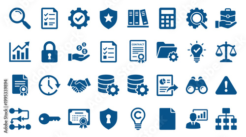 Collection of business and finance icons representing strategy analysis planning and security concepts in a professional setting