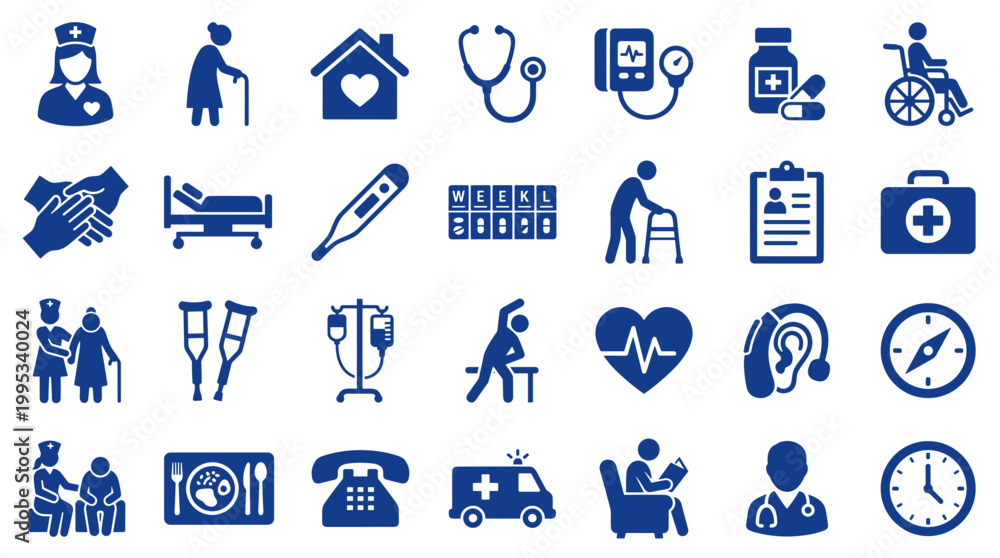 Fototapeta premium Healthcare and Medical Icons Set Representing Senior Care, Hospital Services, and Patient Well-being with a Focus on Health and Assistance