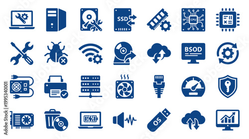 Computer hardware icons set for technology and digital services including laptop computer server and data storage symbols