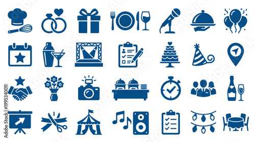 Collection of blue event and celebration icons representing various aspects of planning and hosting parties, weddings, and business gatherings