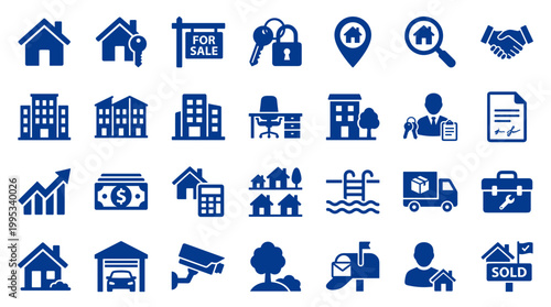 Collection of blue real estate icons representing houses buildings services and property transactions for online listings and marketing