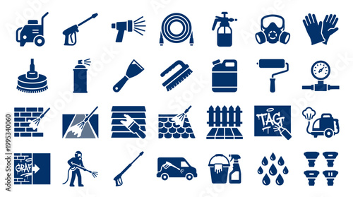 Collection of cleaning and maintenance tools and equipment for home and professional use including pressure washers sprayers brushes and rollers