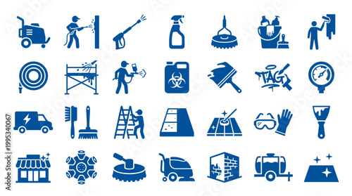 Collection of cleaning and maintenance service icons representing professional hygiene and sanitation solutions for homes and businesses